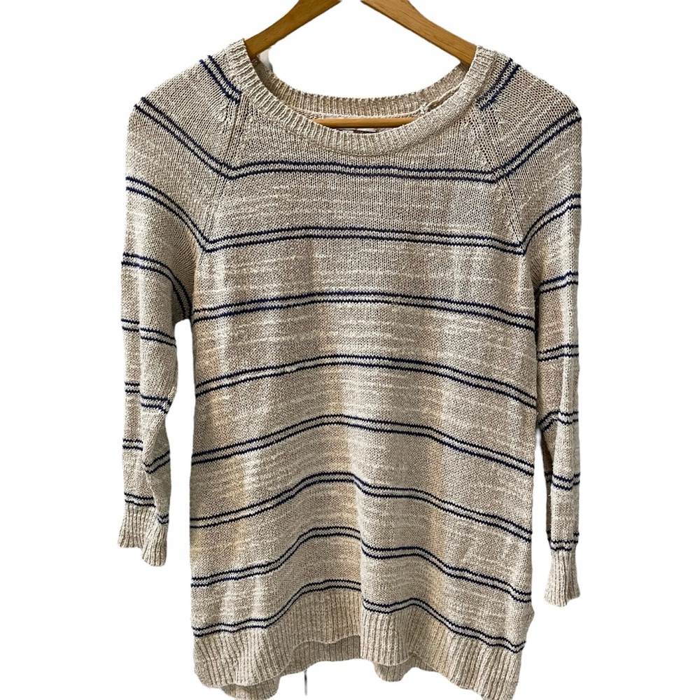 ❤️ Madewell Cabin Stripe Natural x Navy Linen and Silk Blend Sweater - Picture 7 of 8